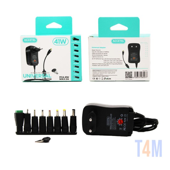 ACCETEL UNIVERSAL ADAPTER CHARGER PCA41W WITH 8 PINS 41W 6V-24V MAX. 2A BLACK